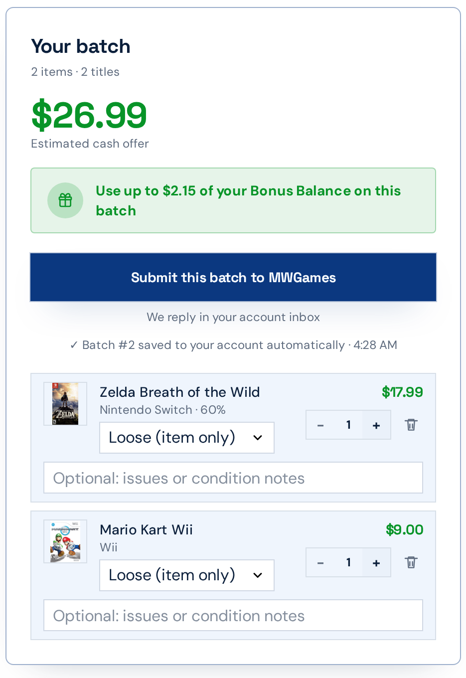 The batch panel showing an estimated cash offer, Bonus Balance, and the submit button