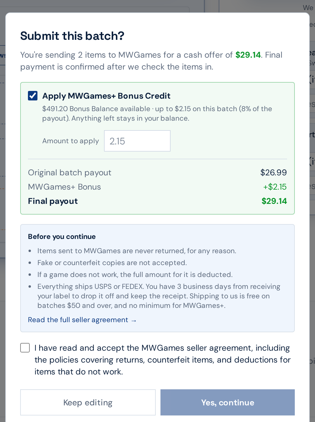 The submit batch confirmation showing the cash offer and Bonus Credit applied