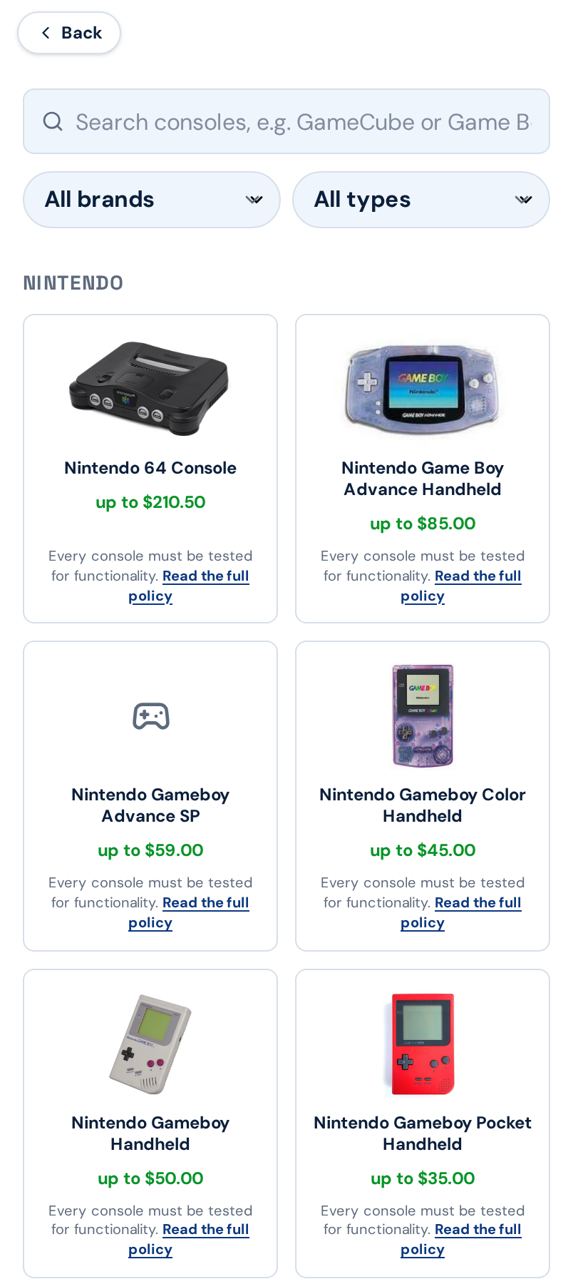 The Consoles We Buy page showing console listings grouped by brand with offers
