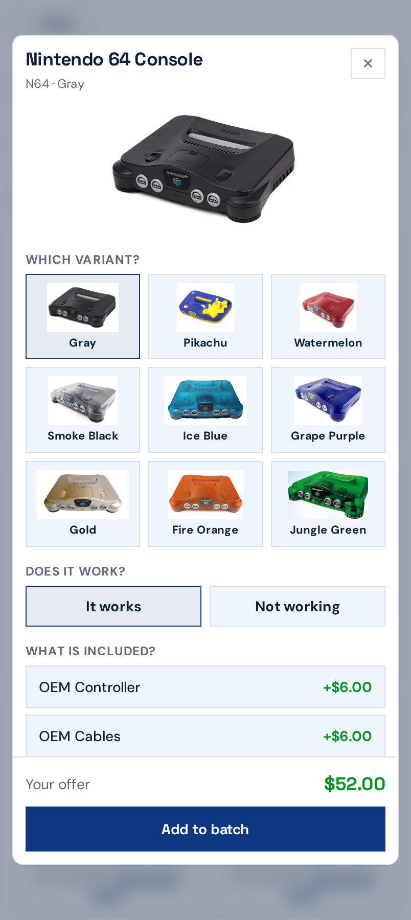 Console dialog with variant choices, working toggle, included accessories, and a live offer total